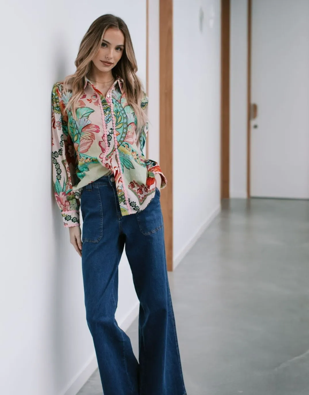 Tropezena Lace Trim Blouse - Pink/Green Winter Essentials