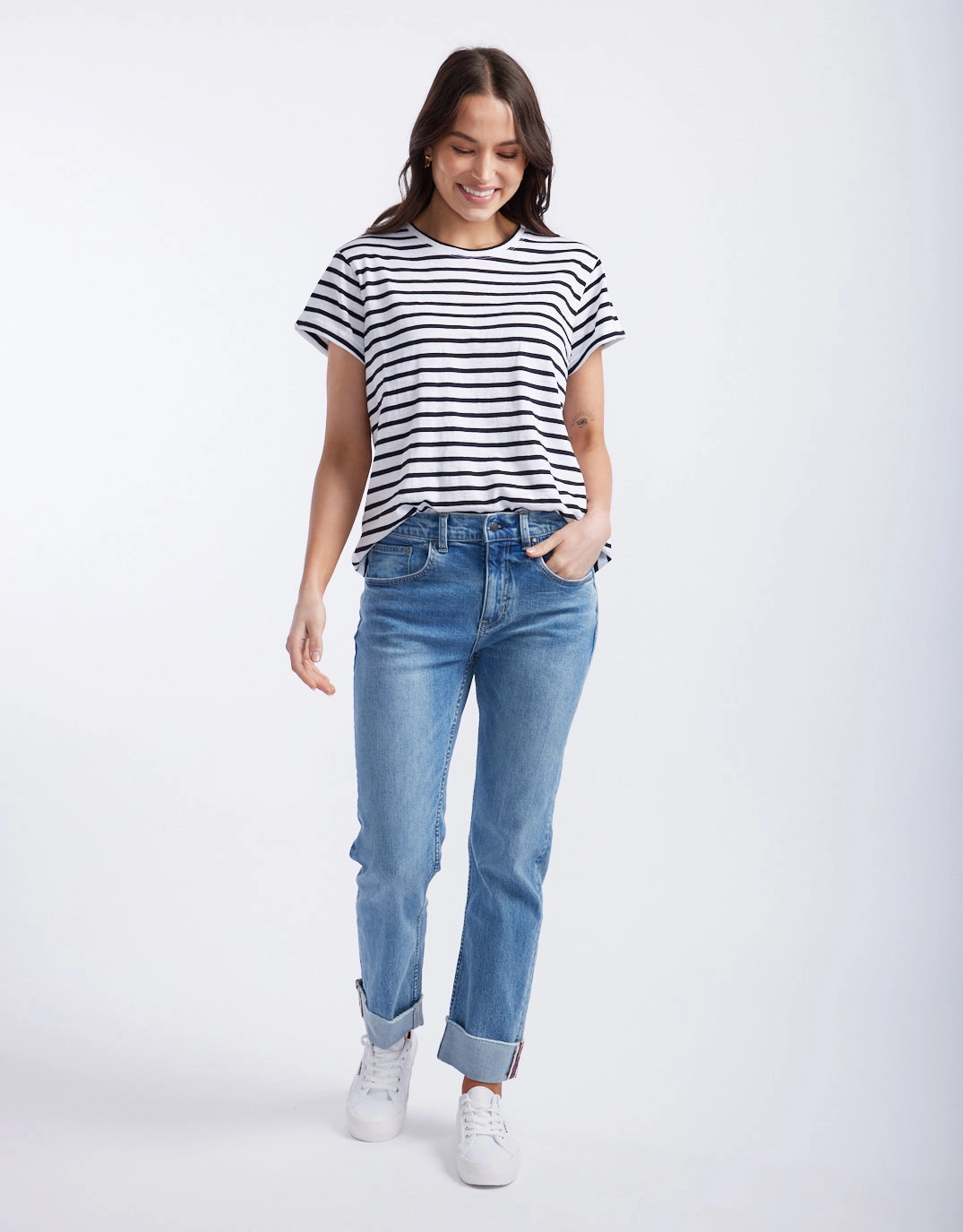Turn Back T-Shirt - White/Black Stripe Pocket Detailing