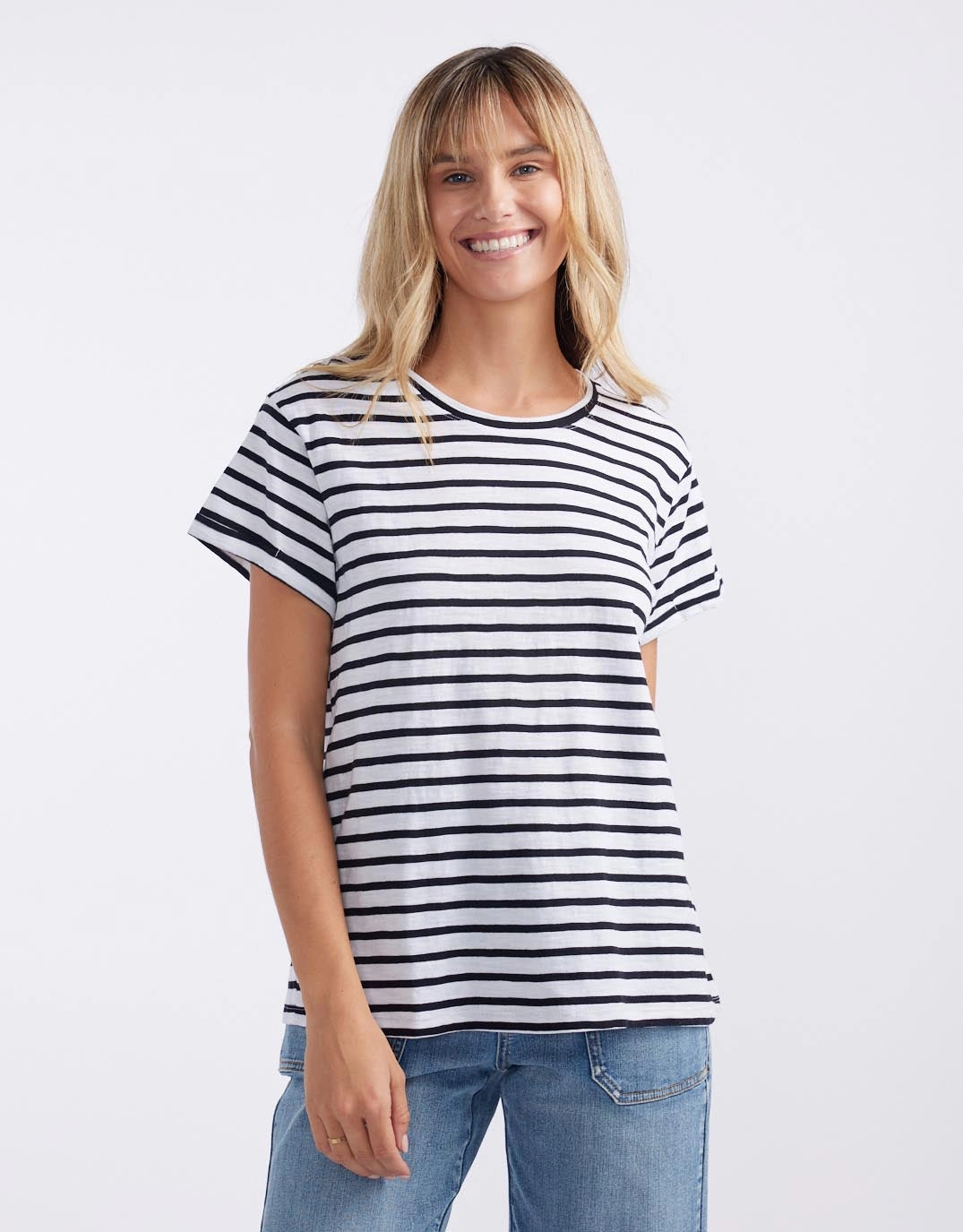 Informal charm Lightweight Feel Turn Back T-Shirt - White/Black Stripe
