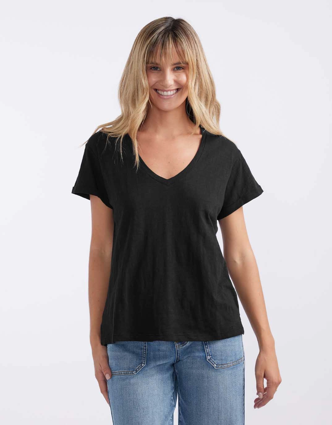 Turn Back V Neck T-Shirt - Black Anti Pilling Surface Daily Style Trend