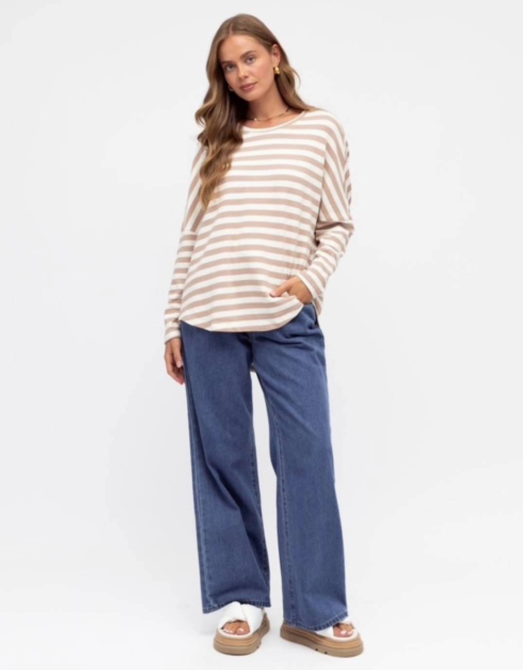 Plus size clothing Joni Long Sleeve Tee - Oat/White Stripe