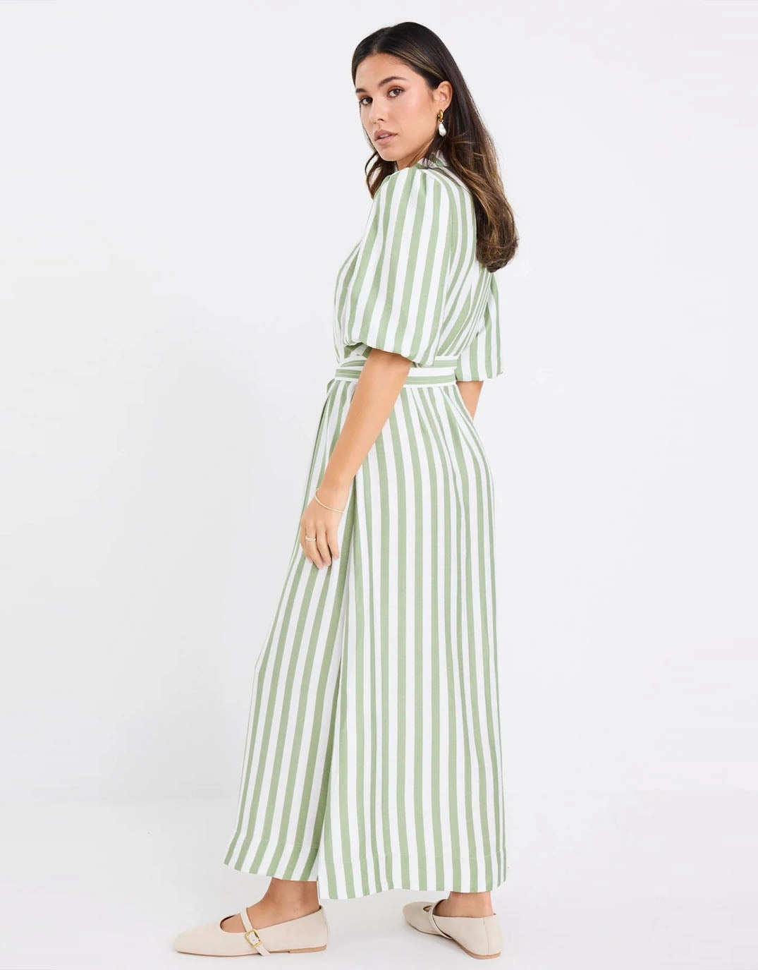 Wedding guest Kindred Puff Sleeve Midi Shirt Dress - Moss Stripe