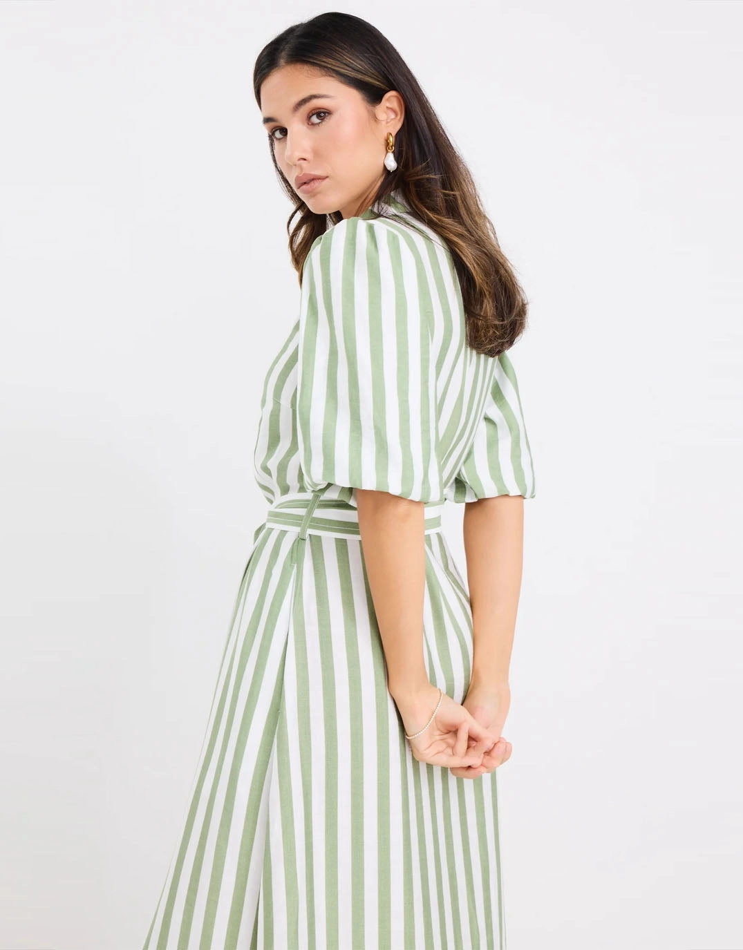 Kindred Puff Sleeve Midi Shirt Dress - Moss Stripe Modern Motion Spring Vibe