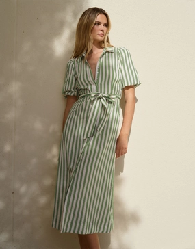 Kindred Puff Sleeve Midi Shirt Dress - Moss Stripe Work Vibe Cool Texture