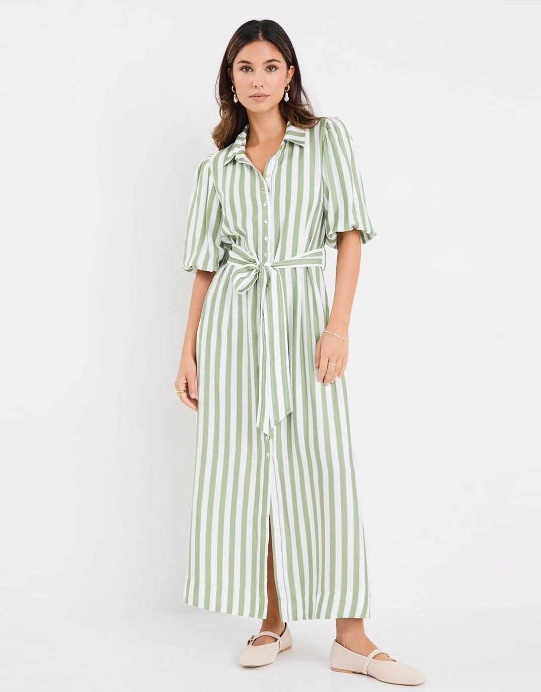 Kindred Puff Sleeve Midi Shirt Dress - Moss Stripe Timeless slip dress