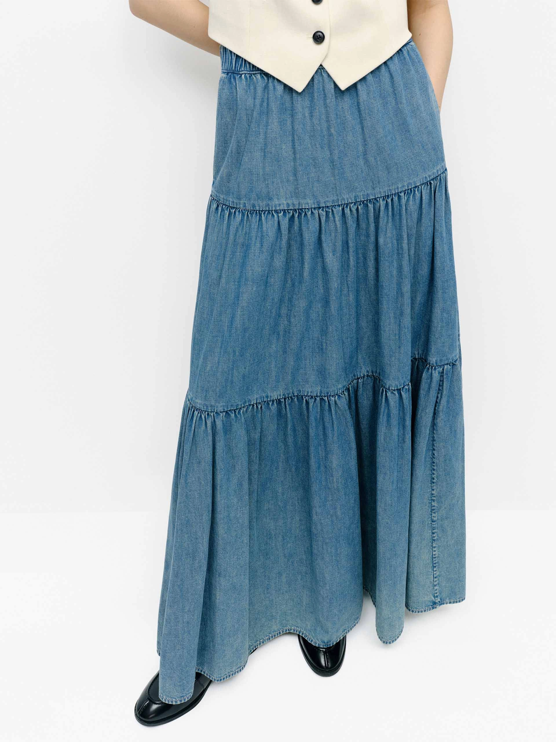 Anti Pilling Treatment Fashion Collab Elasticated Denim Maxi Skirt