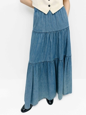 Polished Cut Elasticated Denim Maxi Skirt