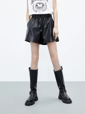 Slim Layer Drawstring Waist PU Shorts