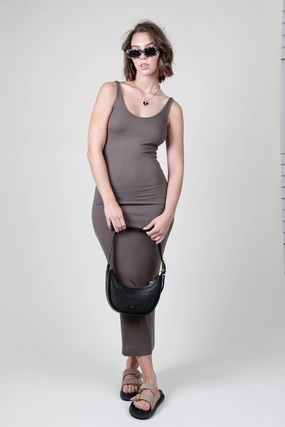 ENZA COSTA | Stretch Silk Knit Maxi Tank Dress - Shitake Layered Volume Flexible Fabric
