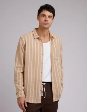 Coen Stripe Long Sleeve Shirt Tan Polished Placket Clean Edge Trim