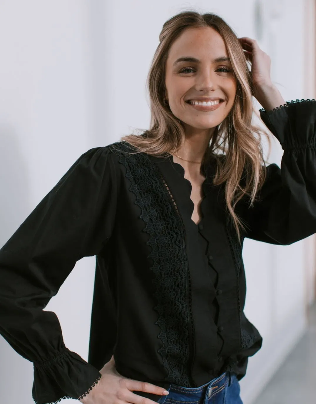 Boscolo Ruffle Cuff Shirt - Black Multi Layer Stitching