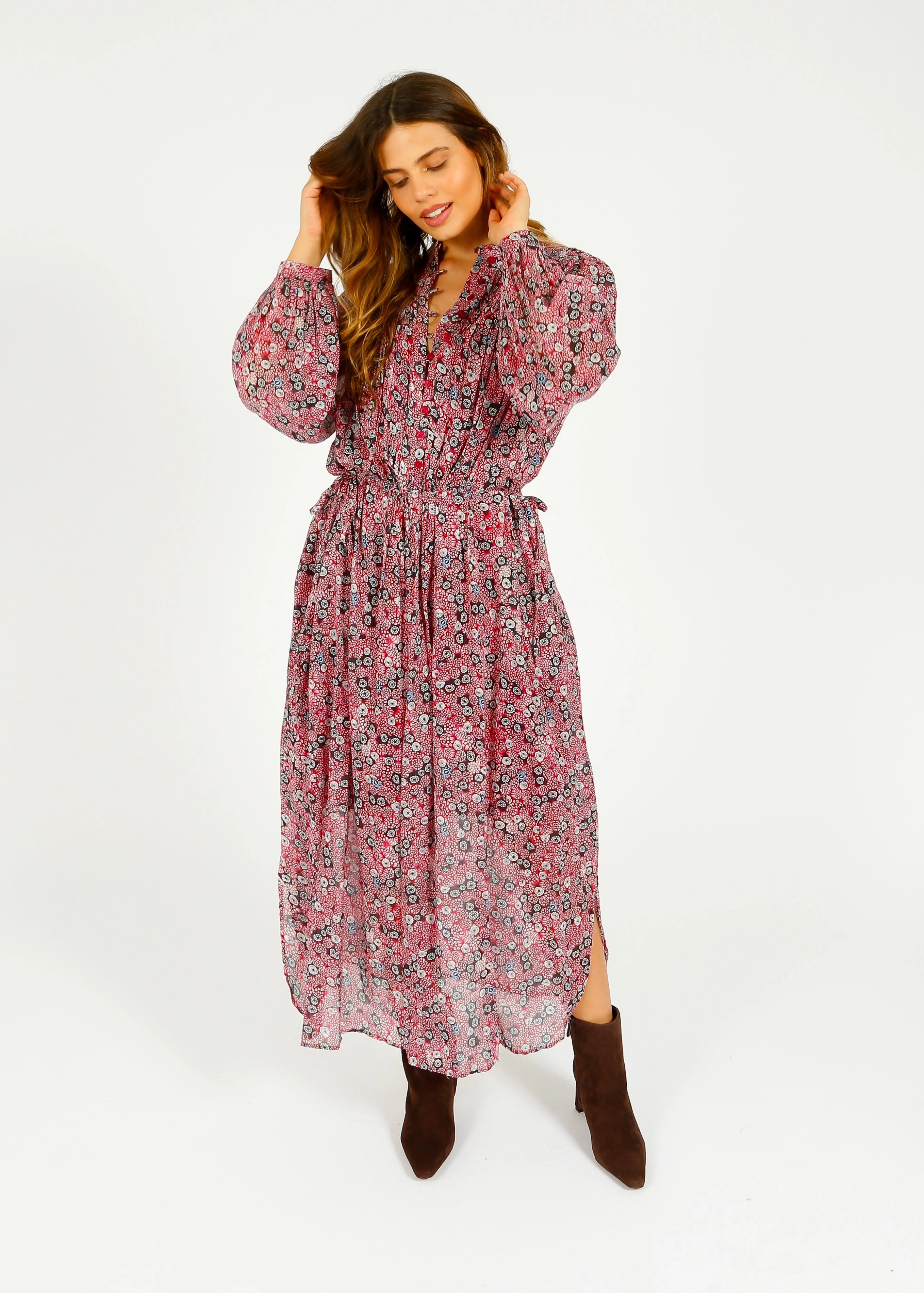 Lace-Trim Marant Etoile Dalida Printed Dress in Raspberry, Black