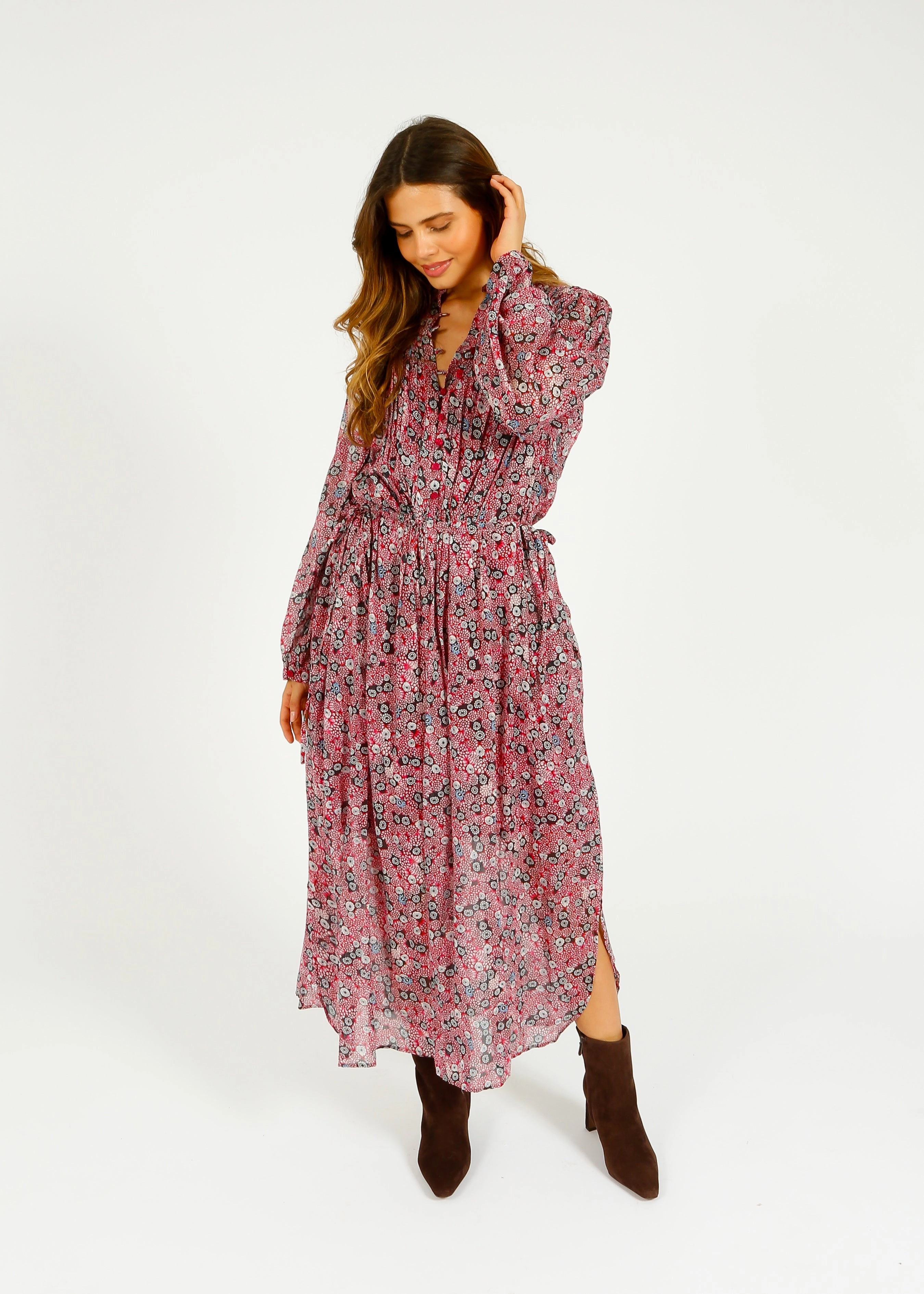 Cozy Feel Marant Etoile Dalida Printed Dress in Raspberry, Black