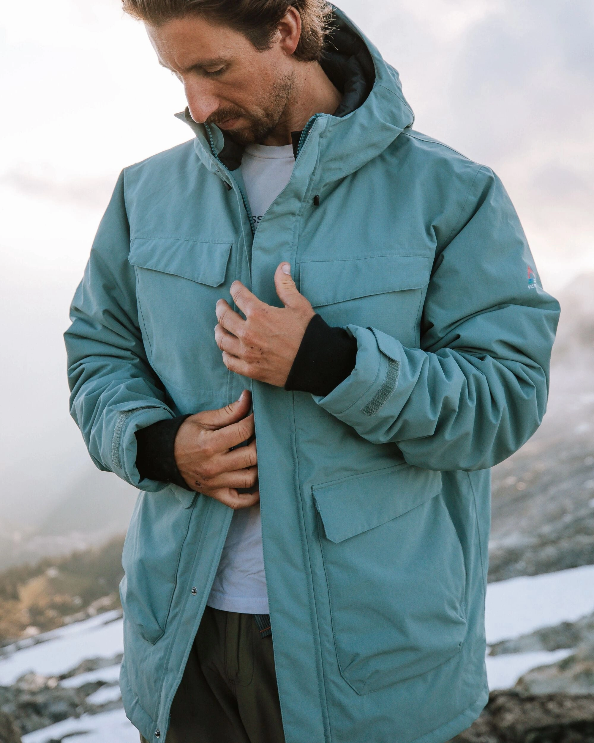 Explorer Waterproof Down Parka - Stormy Sea High Collar Structure Soft Touch Texture