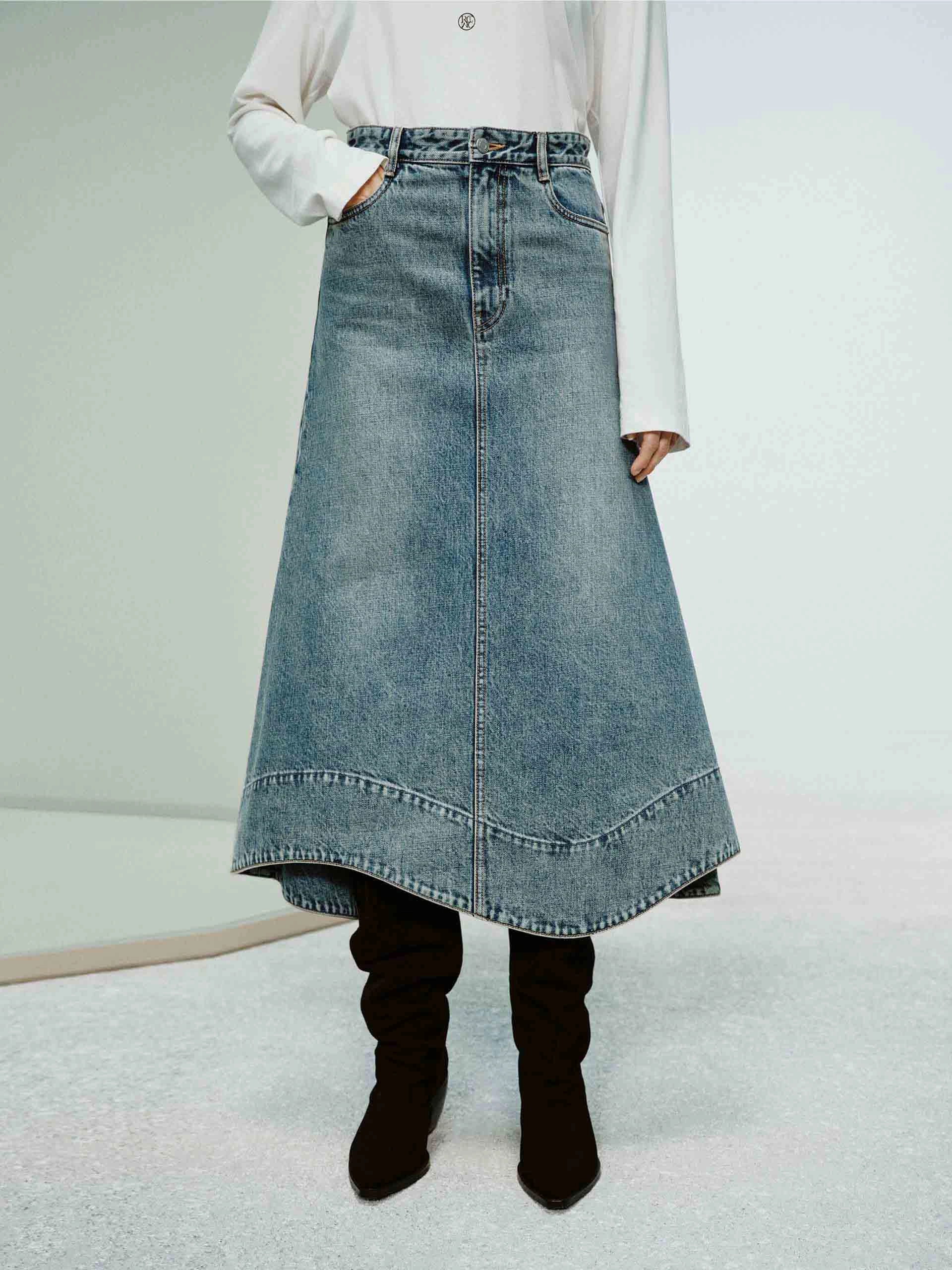 Neutral palette Double Layered Design Wave Hem Denim Skirt