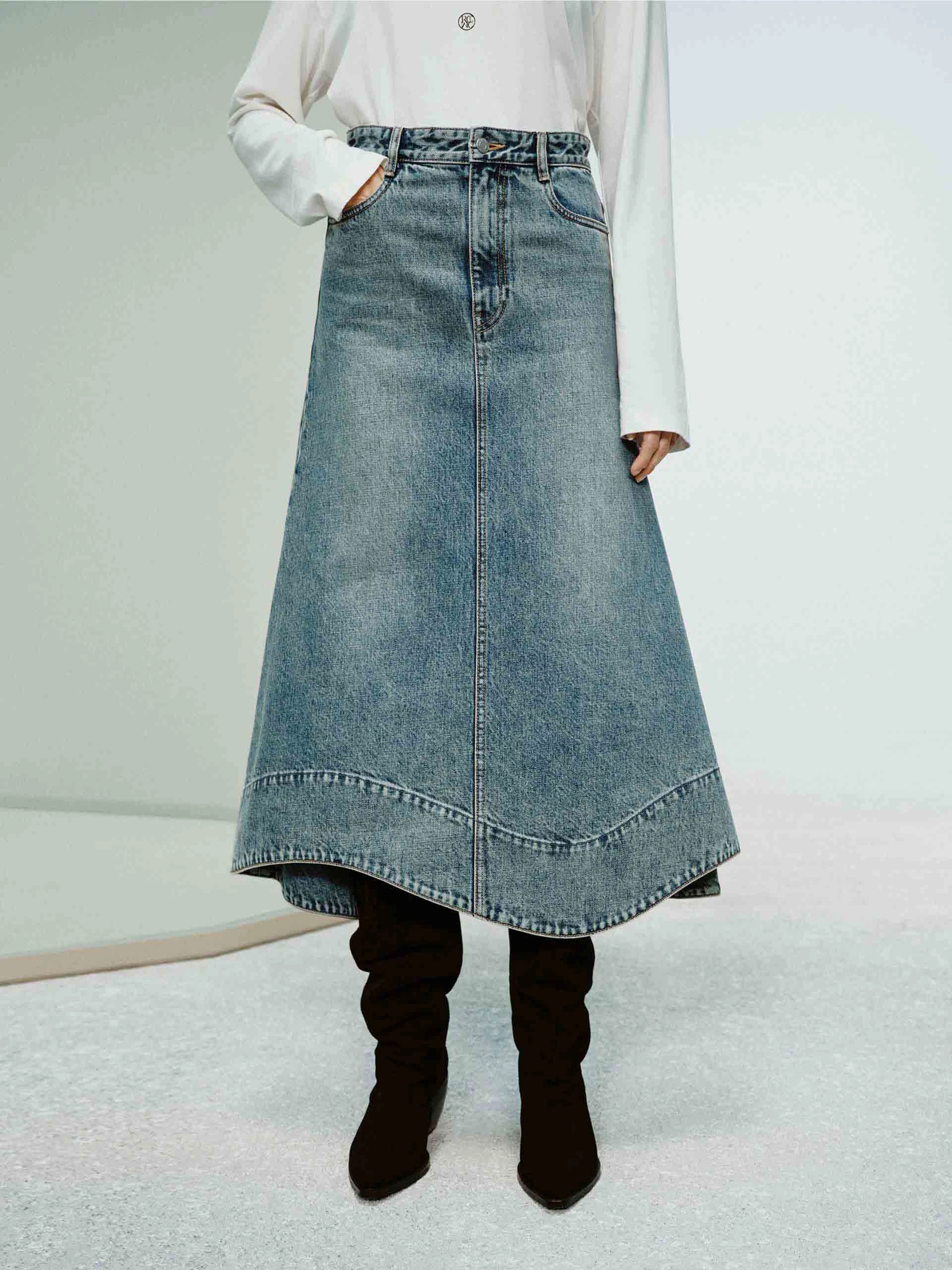 Polished Cut Wave Hem Denim Skirt
