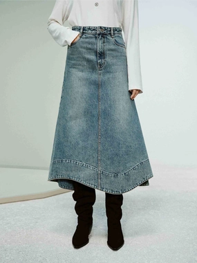 Polished Cut Wave Hem Denim Skirt
