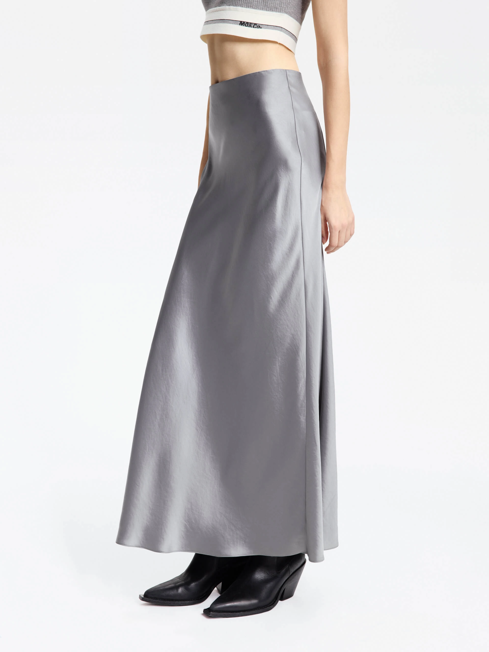 Leather Look High Rise Satin Maxi Skirt