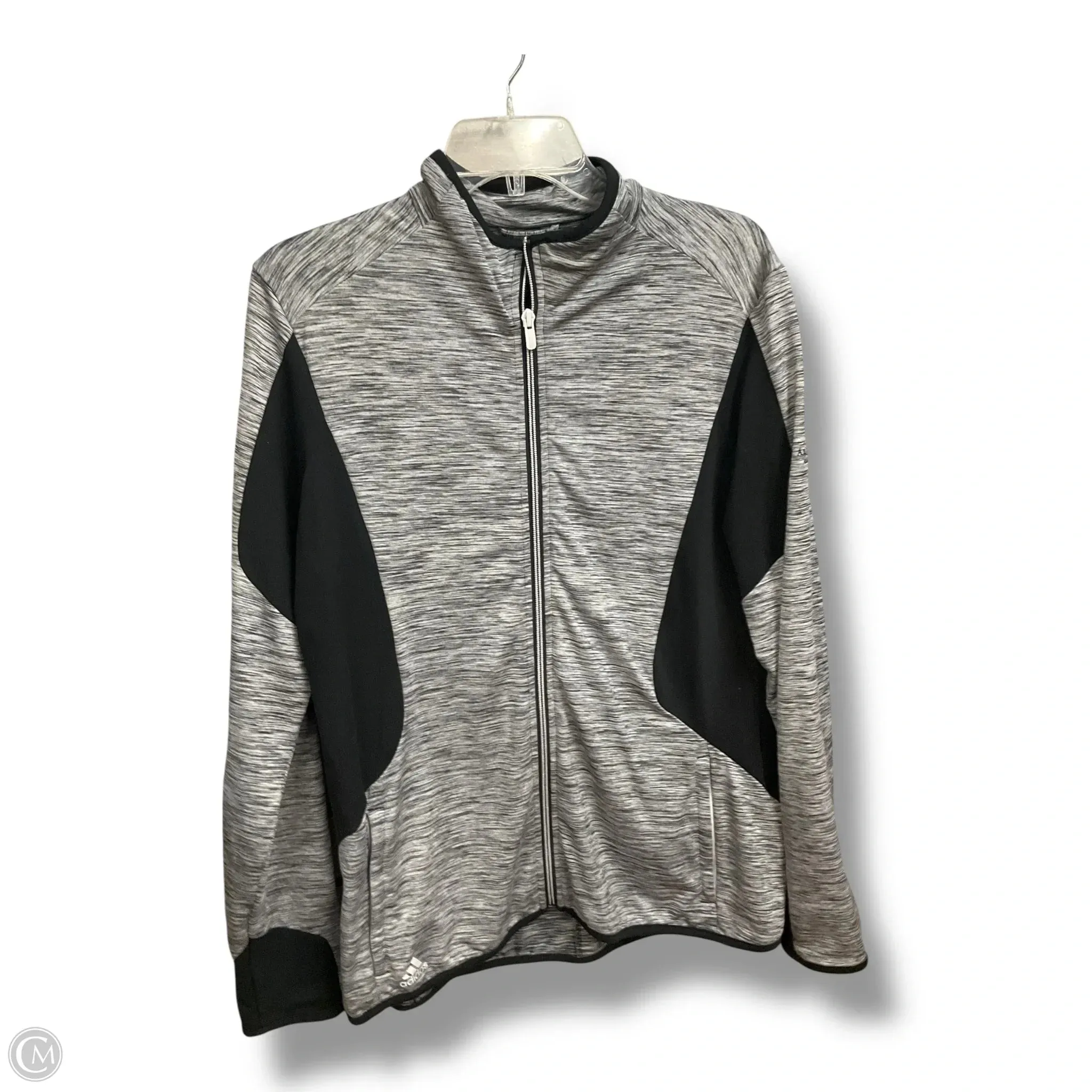 Elastic hem Noise Reduciting Fabric Athletic Jacket By Adidas In Black & Grey, Size: L