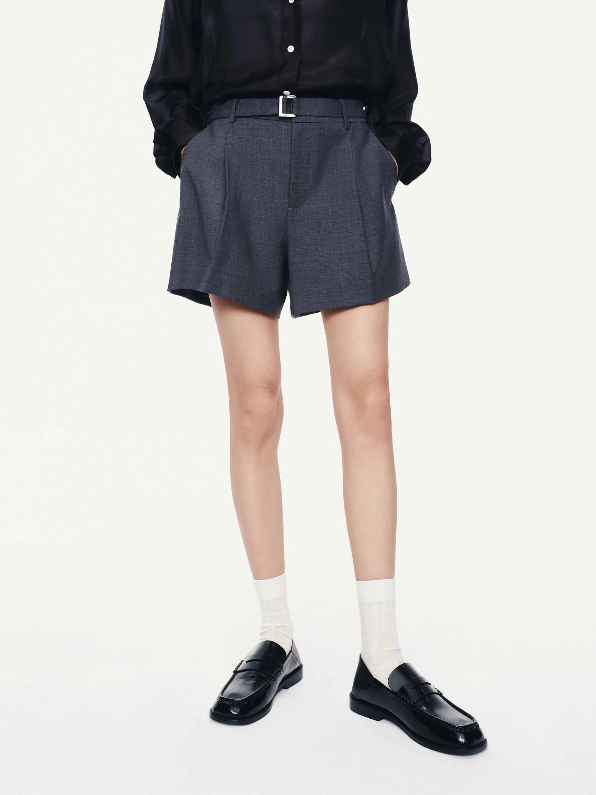 Clean Stretch Wool Blend Belted Shorts