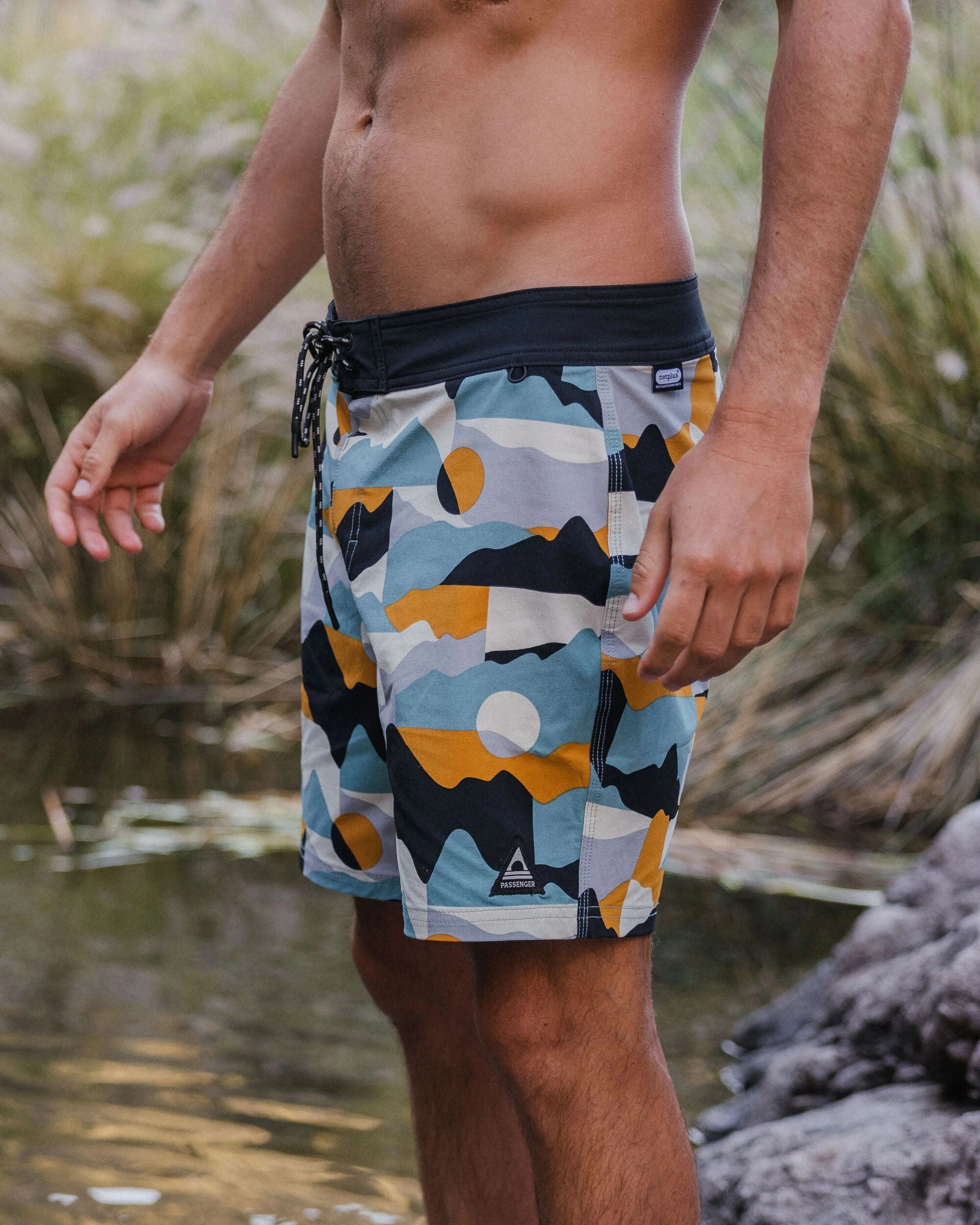 Cutback NetPlus? Recycled Boardshort - Vista Patchwork Arctic FlexibleMobility Wind Resistant Panels