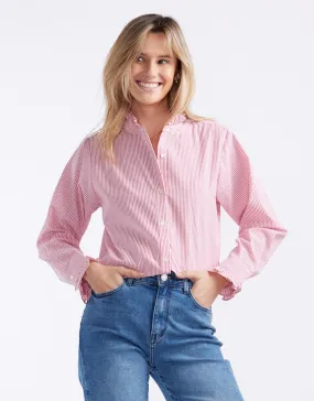 Double Needle Hemming Sammy Cotton Blouse - Red/White Stripe