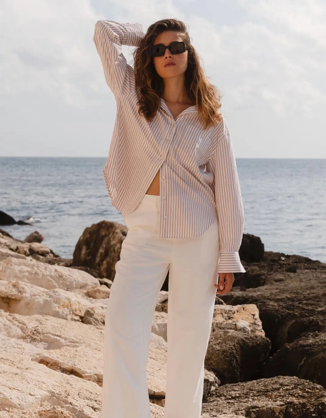 Petite Option You Got This Poplin Oversized Shirt - Ecru Stripe